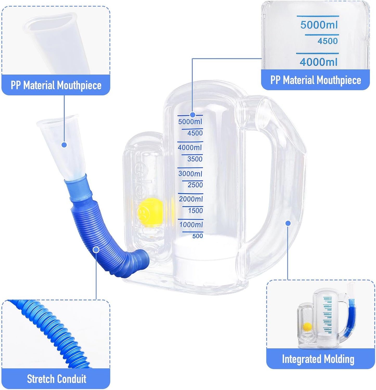 Lungora™ Incentive Spirometer - Deep Breathing Trainer for Adults & Kids (5000ml Capacity)