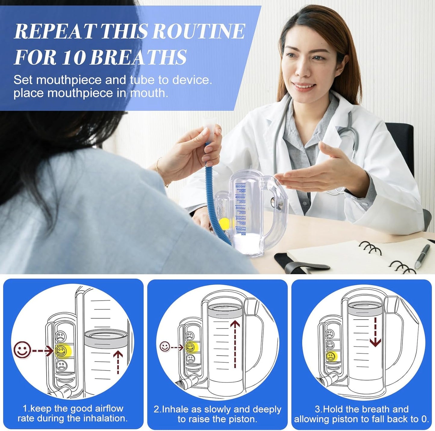 Lungora™ Incentive Spirometer - Deep Breathing Trainer for Adults & Kids (5000ml Capacity)
