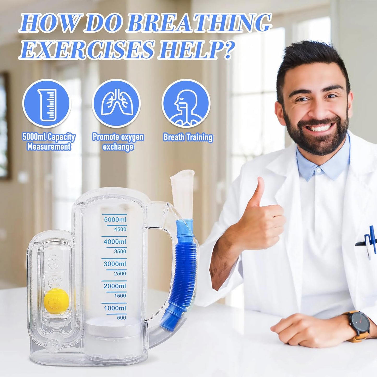Lungora™ Incentive Spirometer - Deep Breathing Trainer for Adults & Kids (5000ml Capacity)